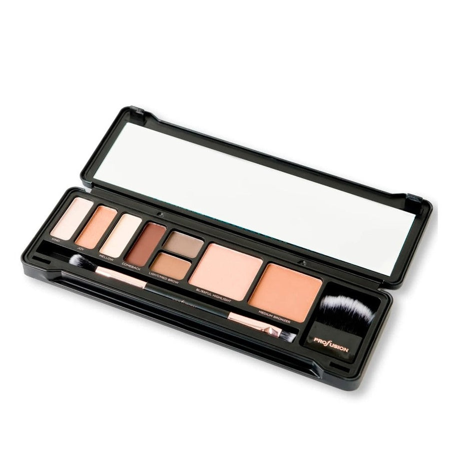 Open makeup palette with various eyeshadows, bronzer, highlight, and brushes.